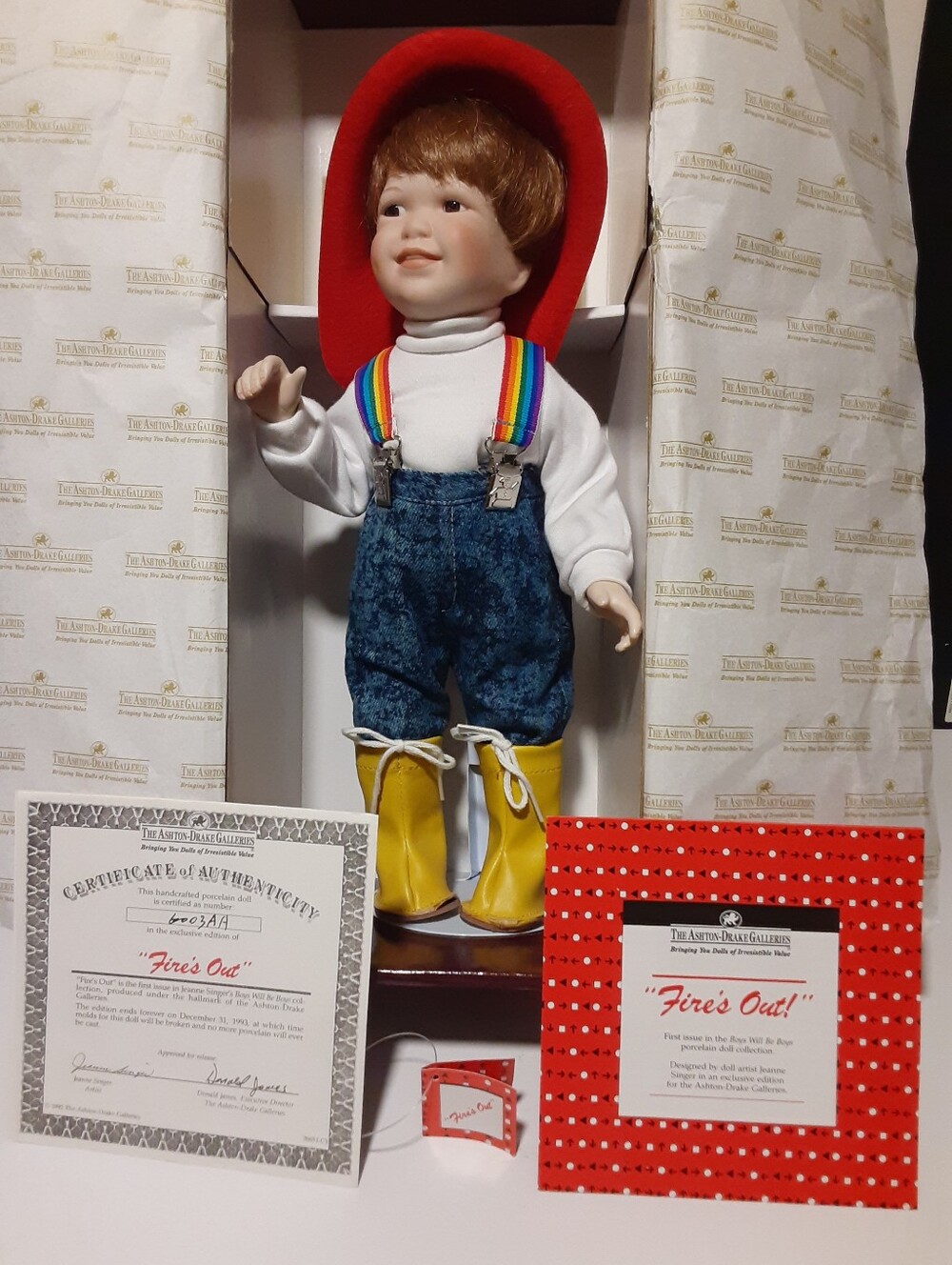 "Fire's Out " Ashton Drake Galleries Porcelain Doll Fire Fighter w/ stand & COA